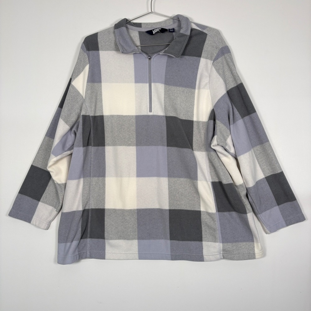 Lands' End‎ Women Fleece Pullover 3X Gray Blue Plaid Quarter Zip 24W-26W
